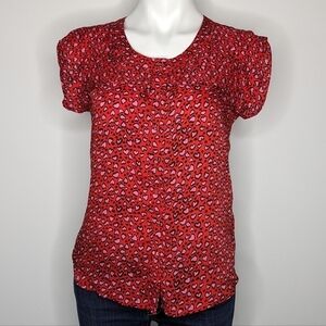 ✨3/$15  French Connection red pink heart short sleeve blouse SP